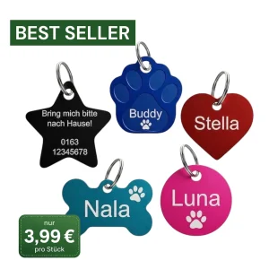 5er Set Hundemarken aus Aluminium – 8 verschiedene Formen zur Auswahl + GRATIS Ringe