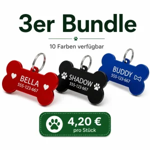 3er Set Hundemarken aus Aluminium – 8 verschiedene Formen zur Auswahl + GRATIS Ringe
